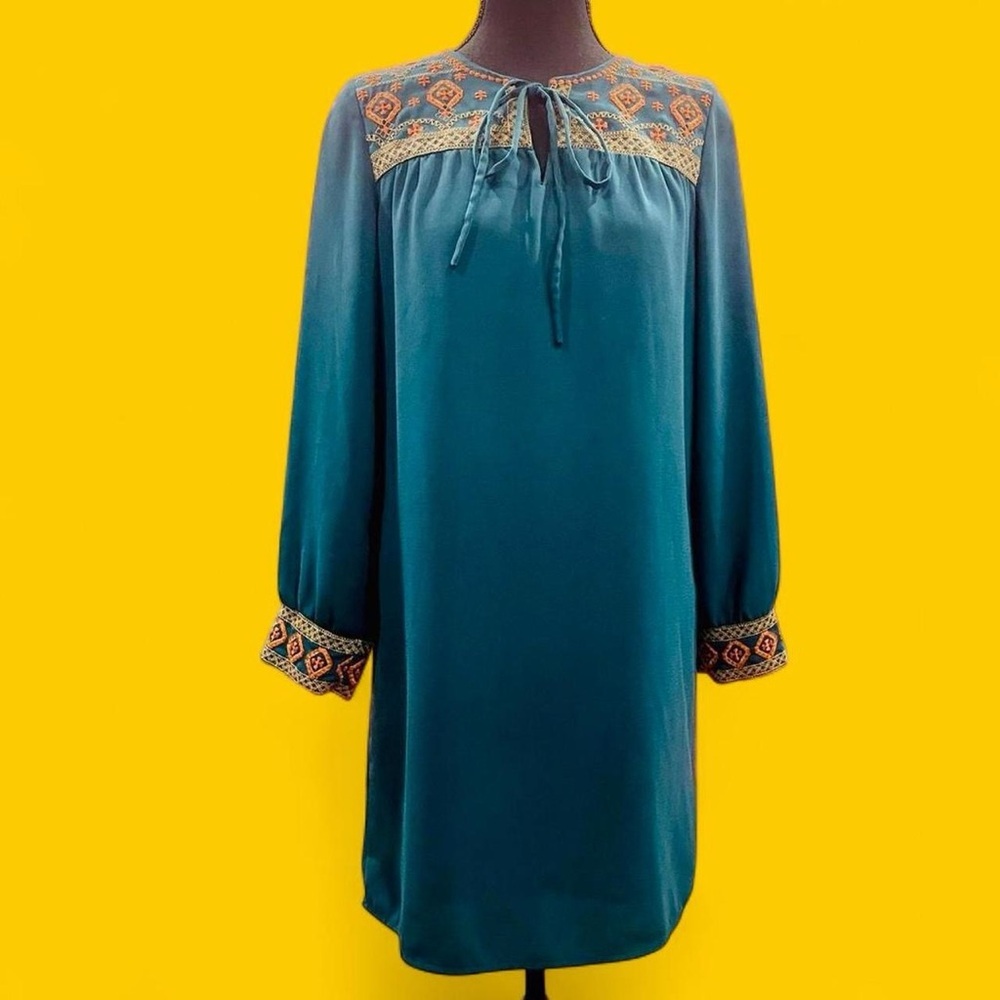 Joy Joy Teal Long Sleeve Dress with Embroidered Accents XS